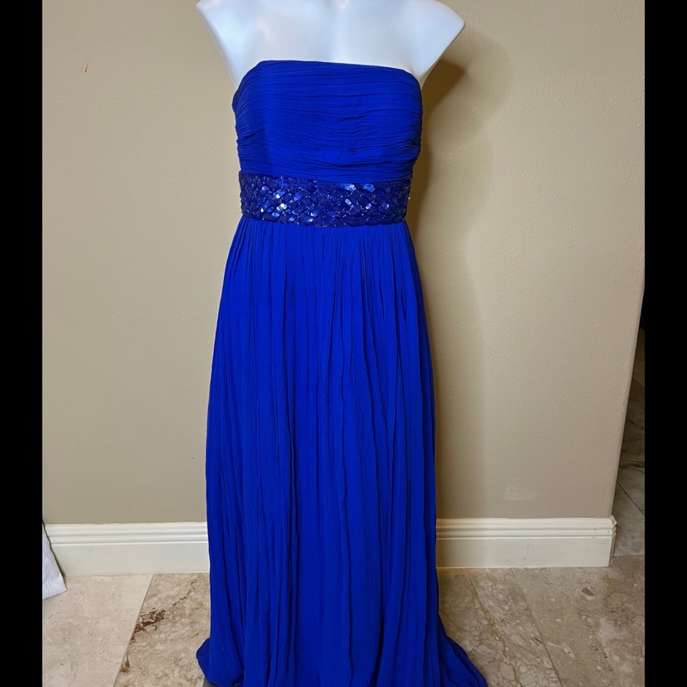 AIDAN MATTOX Blue Sequence and Chiffon Strapless Evening Gown